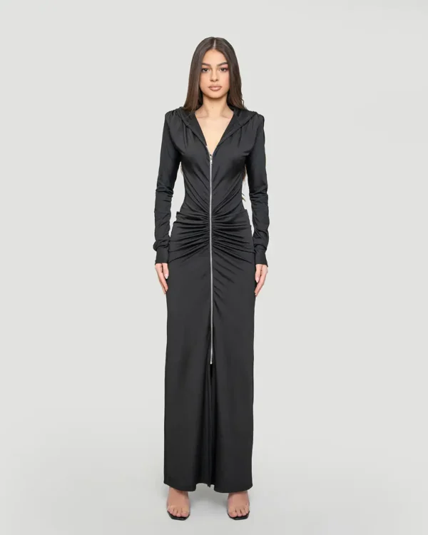 Sleek Zip-up Maxi Dress BLACK - Image 2