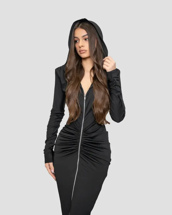 Sleek Zip-up Maxi Dress BLACK - Image 3