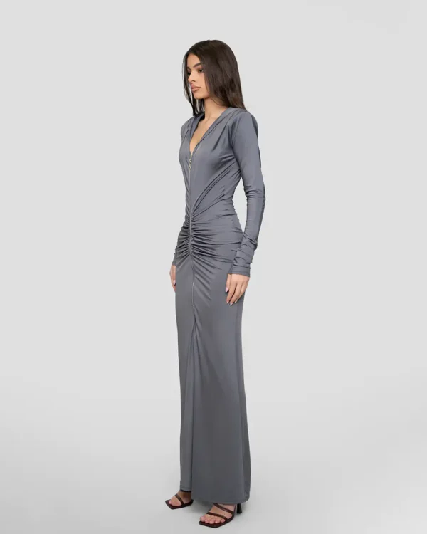 Sleek Zip-up Maxi Dress GREY - Image 4
